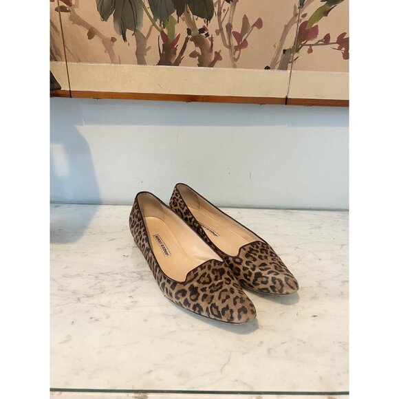 Manolo Blahnik Shoes Womens Size 40 Leopard Print Calf Hair Flats Loafers Brown - Picture 1 of 6